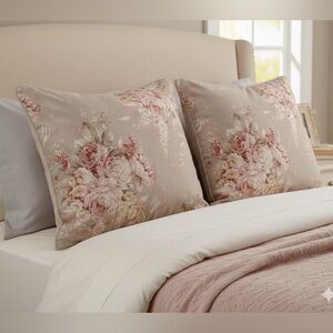 2~Eleanor Royal Court Home Floral Pillow Shams Beige Decorative Set Beige Tones